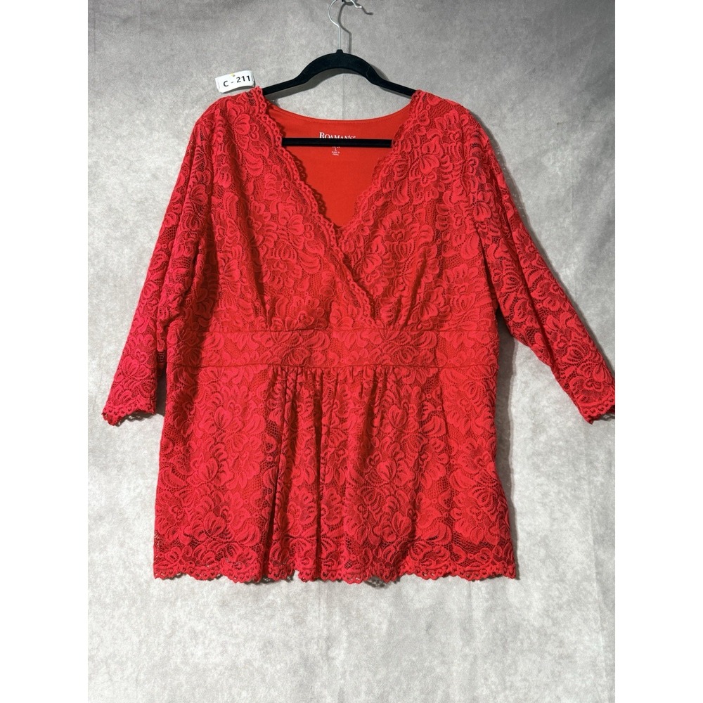 Roaman's Red Lace Top Womens Large 18 20 Faux Wrap Plunge Neckline 3/4 Sleeve
